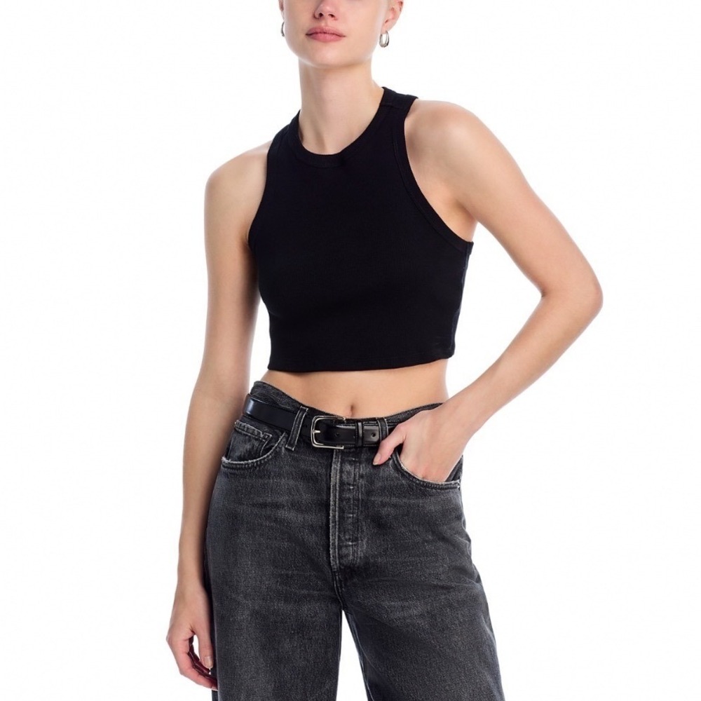 AQUA Athletic Rosie Cropped Racerback Tank Black Ribbed Cotton Top Size XS